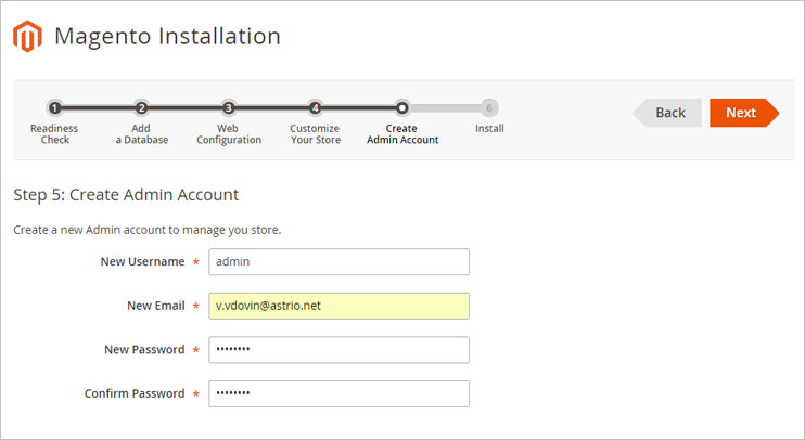 Magento 2 administrator account data configuration