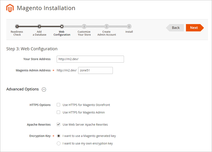 Magento 2: configure web settings: enter administration zone address, configure HTTPS connection